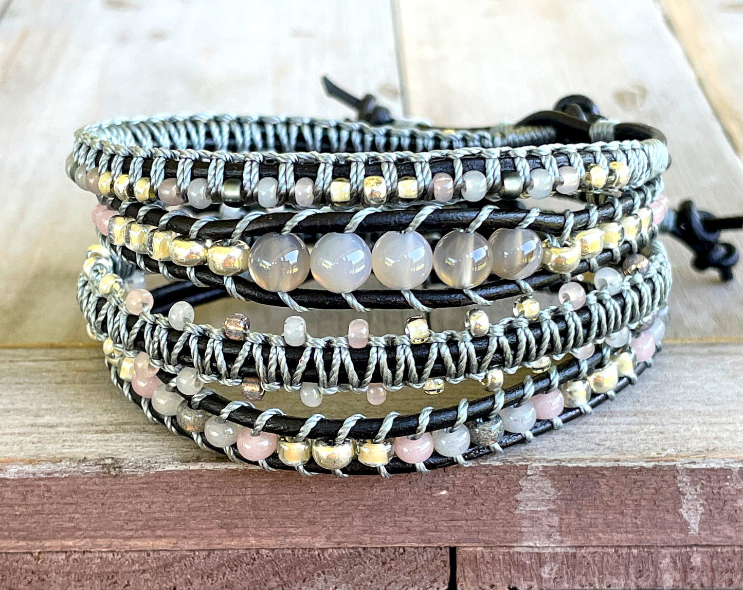 Neutral Gray, Beige and Silver Beaded Macrame Bracelet Set