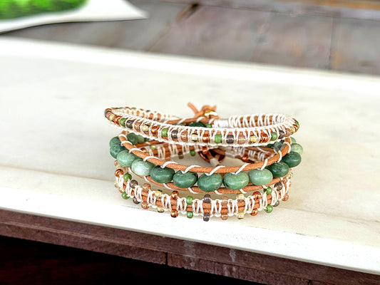 Natural Jade Sage green, neutral and copper macrame 3 wrap bracelet