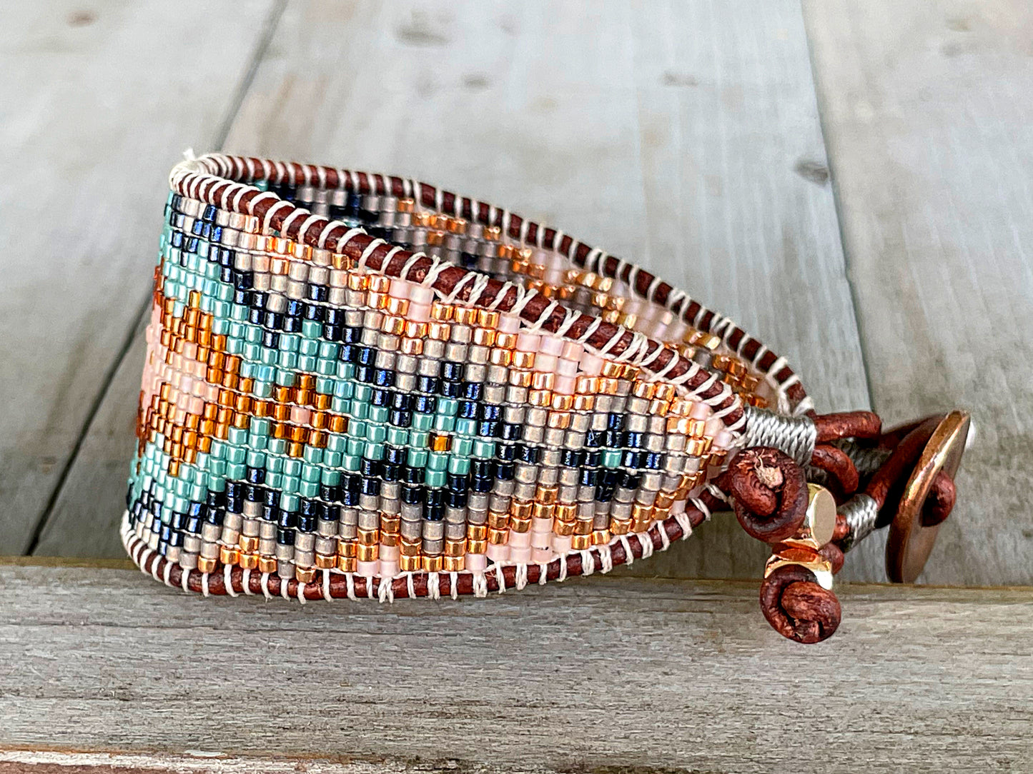 Copper Gray Navy and Blush Tribal Expanded Diamond beaded friendship bracelet