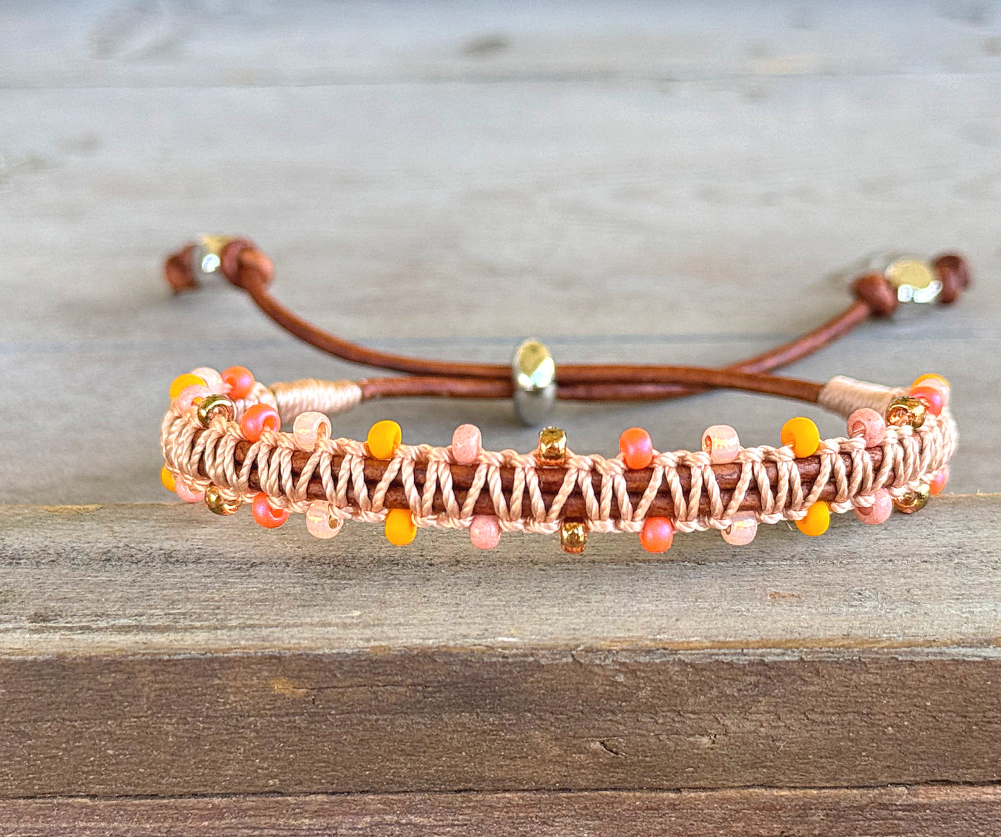 Sunstone, sunshine, peach fuzz, coral and glass bead Adjustable Leather Bracelet