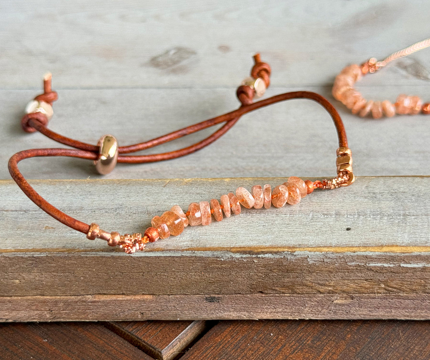 Sunstone and slide adjustable chain or leather stack bracelet