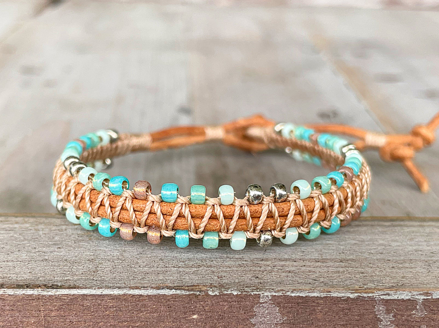 Seafoam and Aqua Jade Ombre Beaded Macrame Bracelet Set