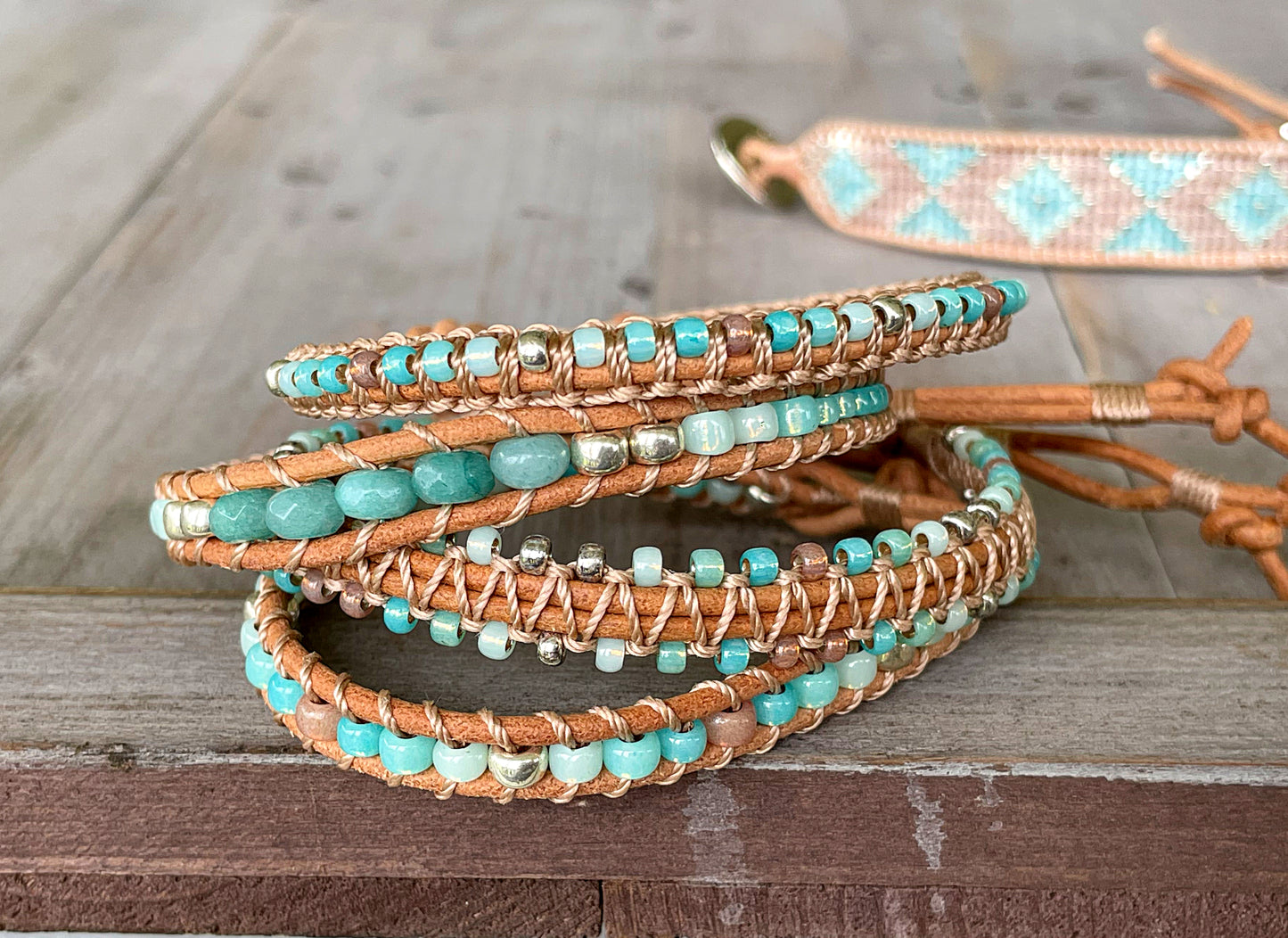 Seafoam and Aqua Jade Ombre Beaded Macrame Bracelet Set