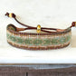 Gold, Green, and Tan Western bead loom woven adjustable leather bracelet