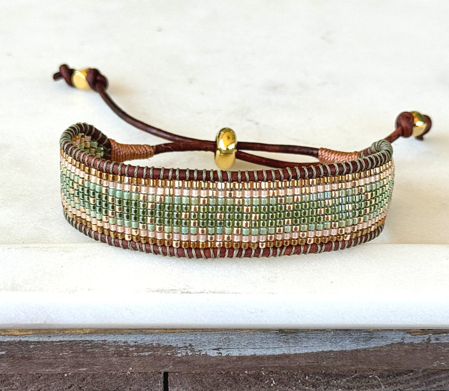 Gold, Green, and Tan Western bead loom woven adjustable leather bracelet