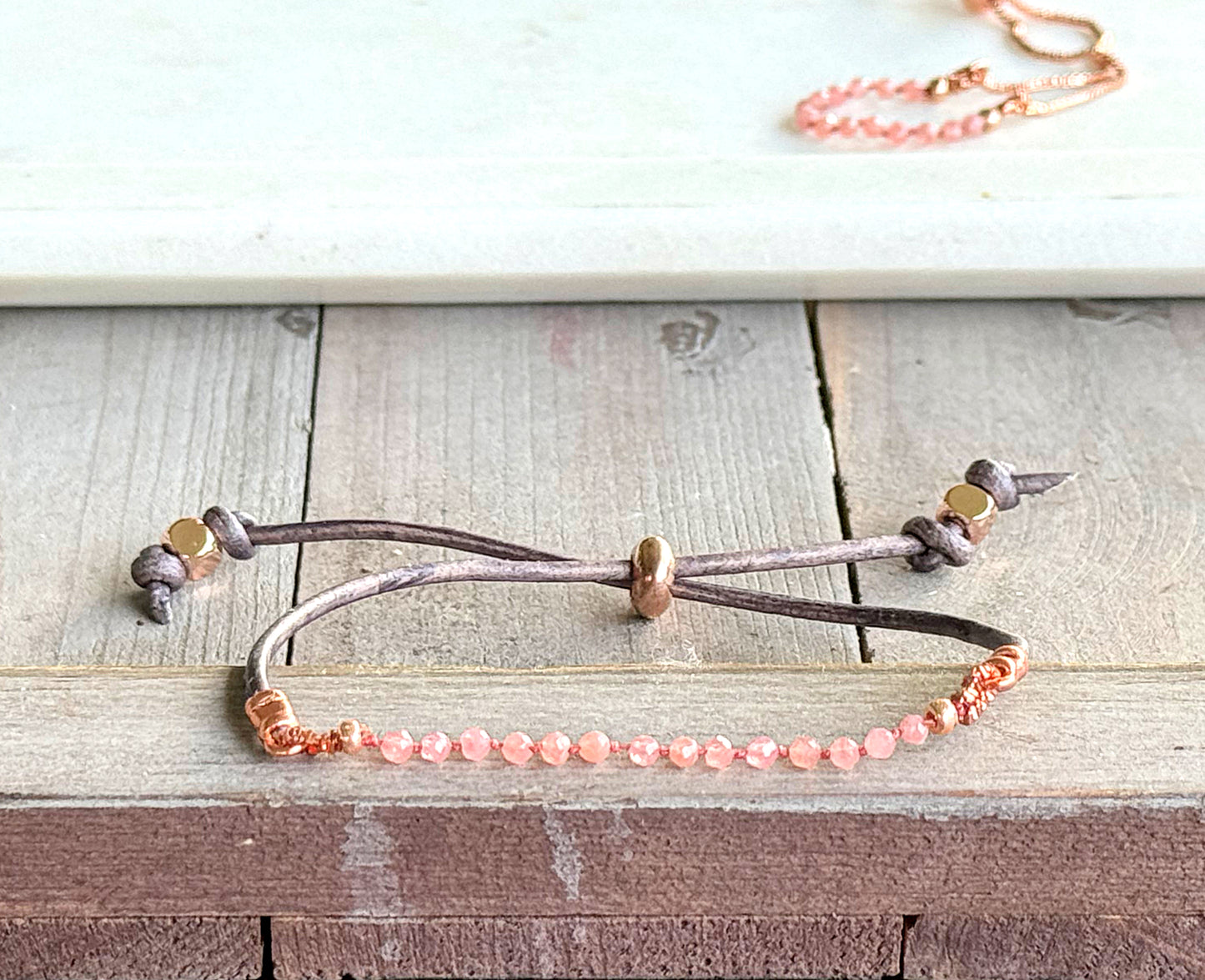 Rhodonite and leather slide adjustable chain or leather stack bracelet