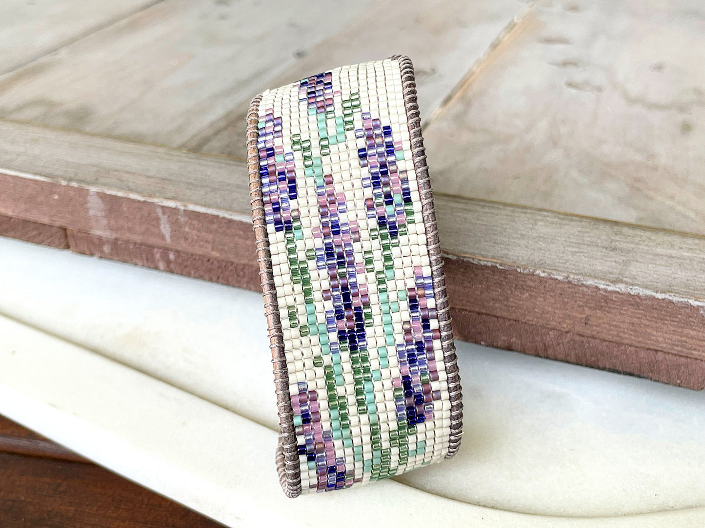 Lavender Floral Bead Loom Woven Bracelet with Leather Trim