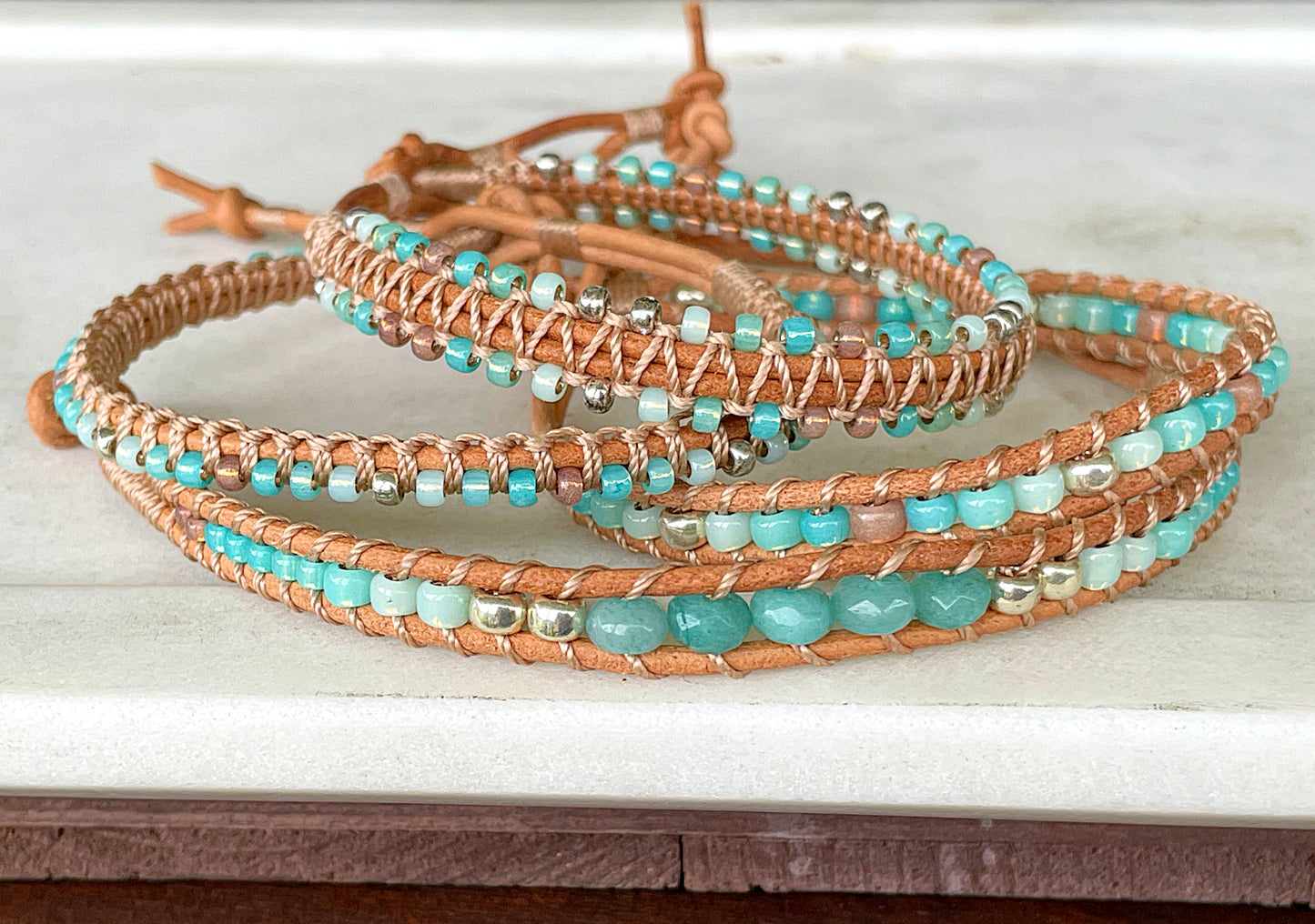 Seafoam and Aqua Jade Ombre Beaded Macrame Bracelet Set