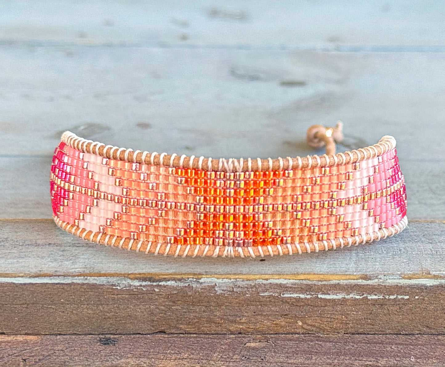 Hot Pink and Orange Geometric Arrow Loom and Macrame Bracelet stack set