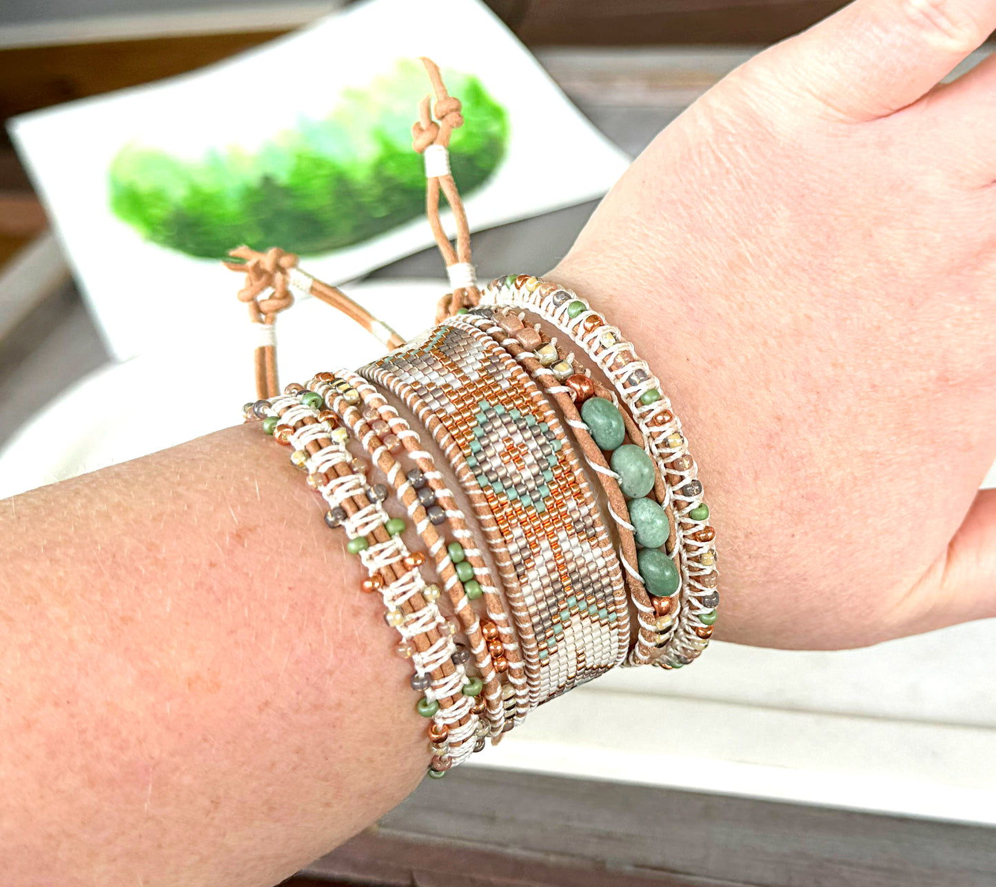 Sage, neutral, and copper starburst Western Geometric Loom and Macrame Bracelet stack set