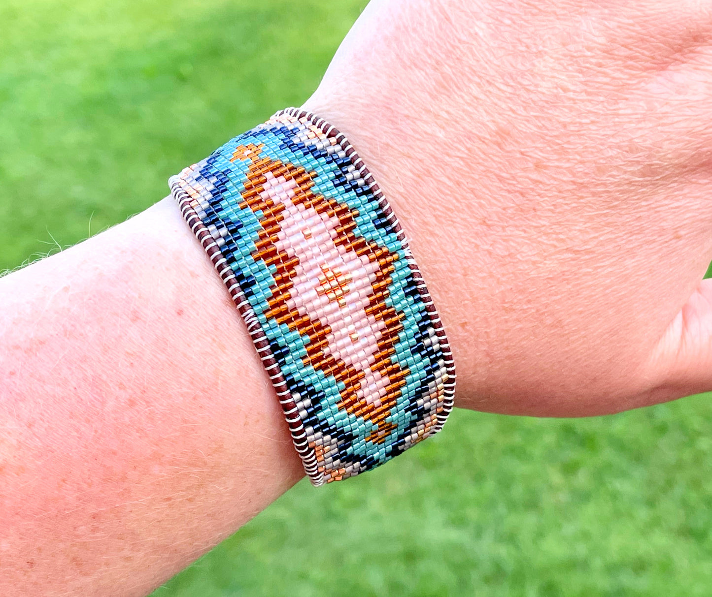 Copper Gray Navy and Blush Tribal Expanded Diamond beaded friendship bracelet