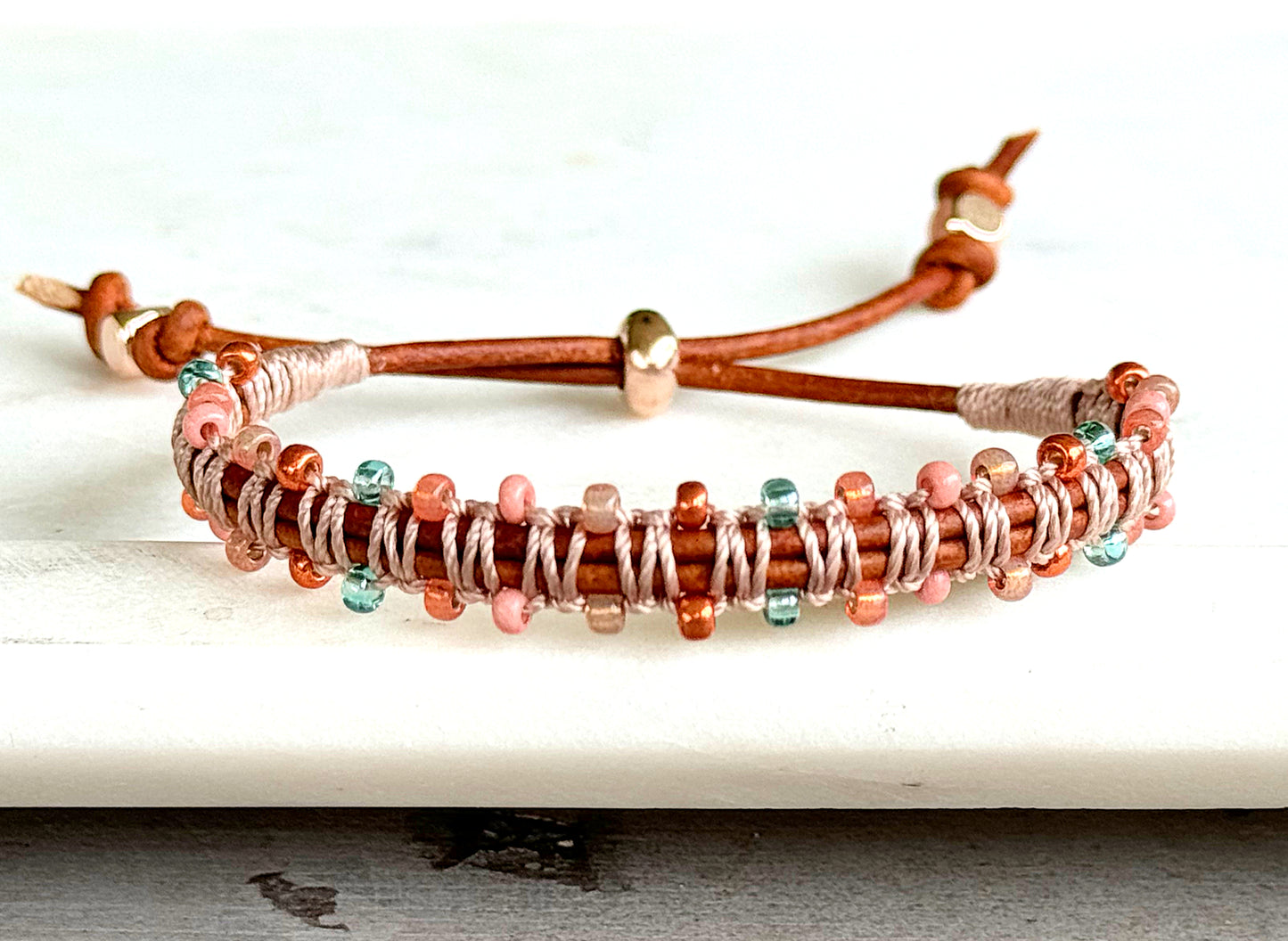 Sea Glass Jade Blush Rose and glass bead Adjustable Leather Bracelet