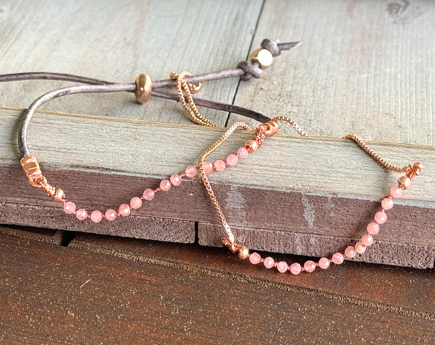 Rhodonite and leather slide adjustable chain or leather stack bracelet