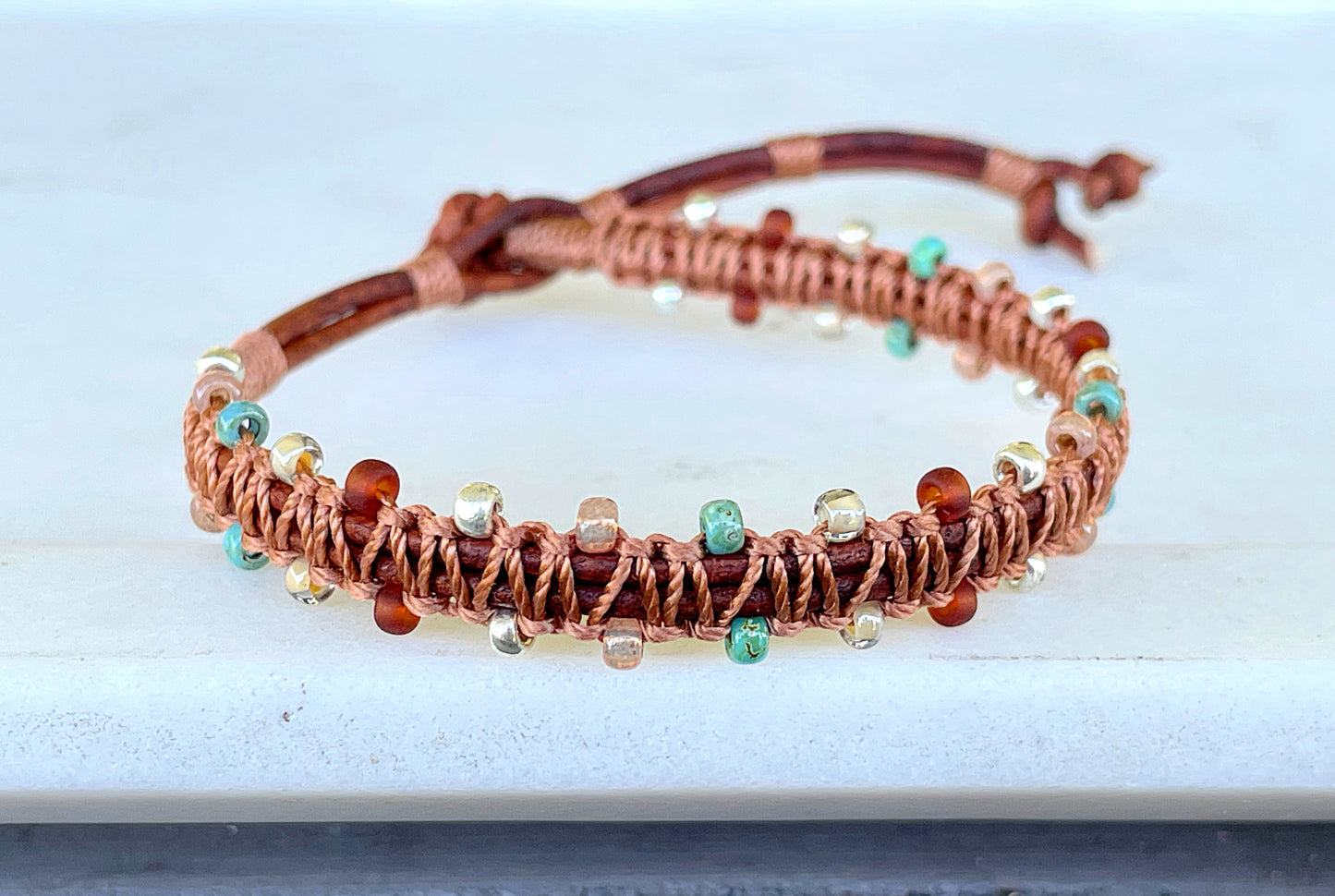 Earthy Tan Turquoise and Silver Beaded Macrame Bracelet Set