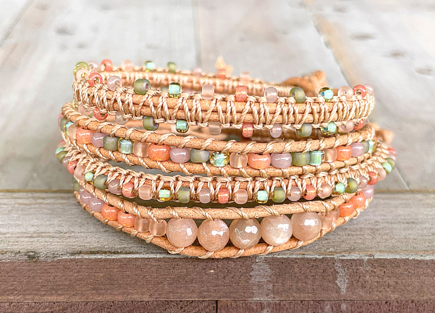 Peach and Olive geometric Beaded Macrame Bracelet and Diamond Loom Set