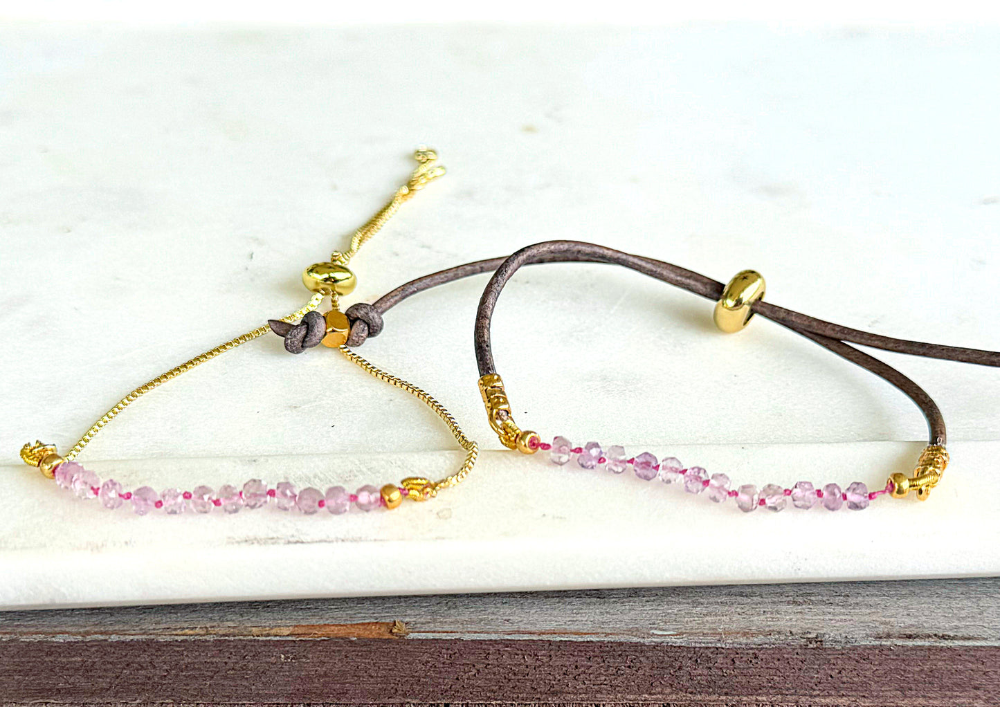 Pink Amethyst and slide adjustable chain or leather stack bracelet