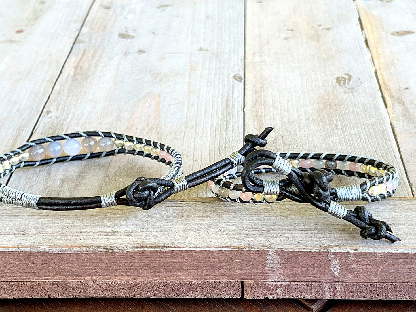 Neutral Gray, Beige and Silver Beaded Macrame Bracelet Set