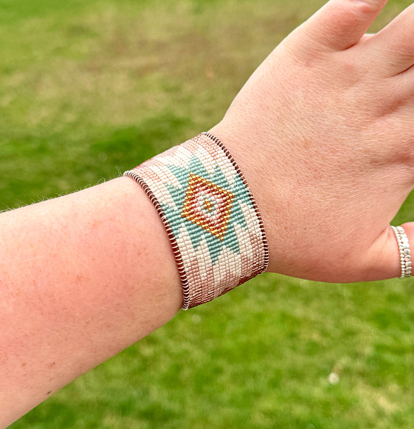 Sea Glass, Blush Rose, and Rose Gold Wide Western Cuff Starburst Beaded Loom Bracelet