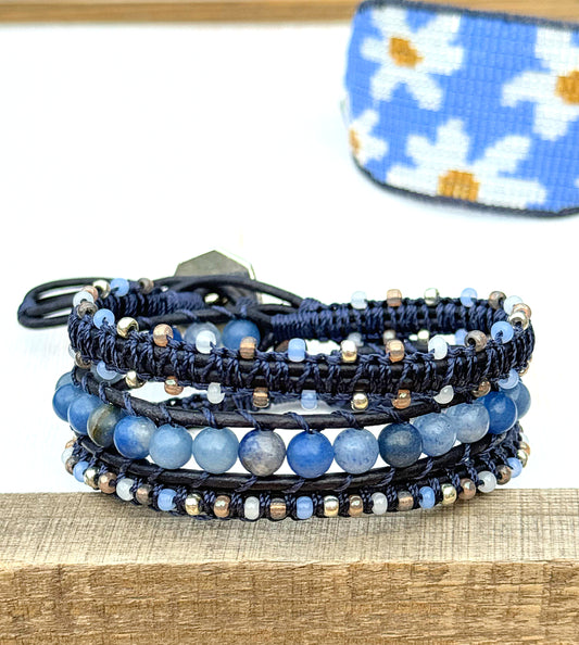 Blue Adventurine, White, Tan, Gray, and Silver Beaded Macrame Wrap bracelet