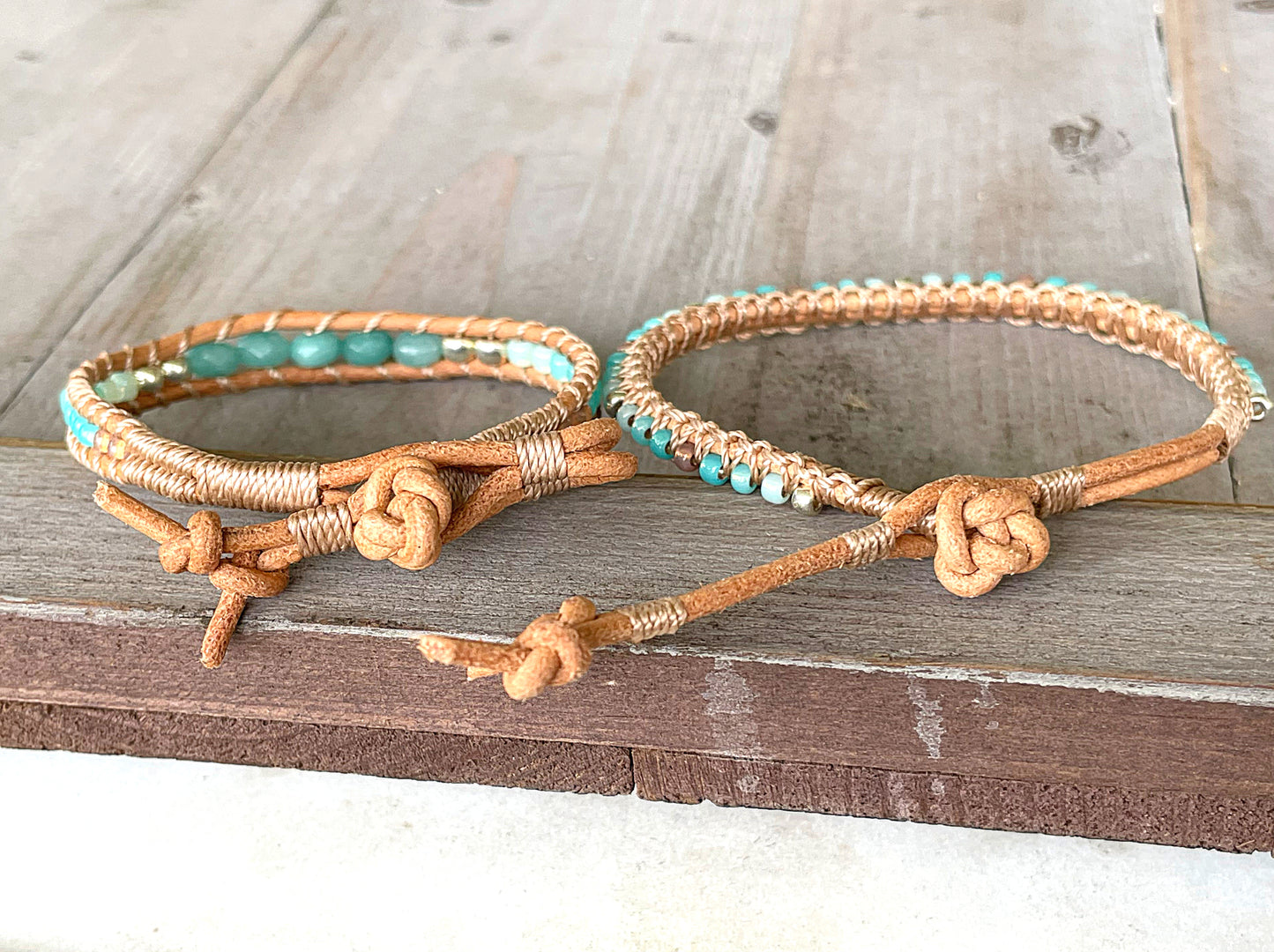 Seafoam and Aqua Jade Ombre Beaded Macrame Bracelet Set