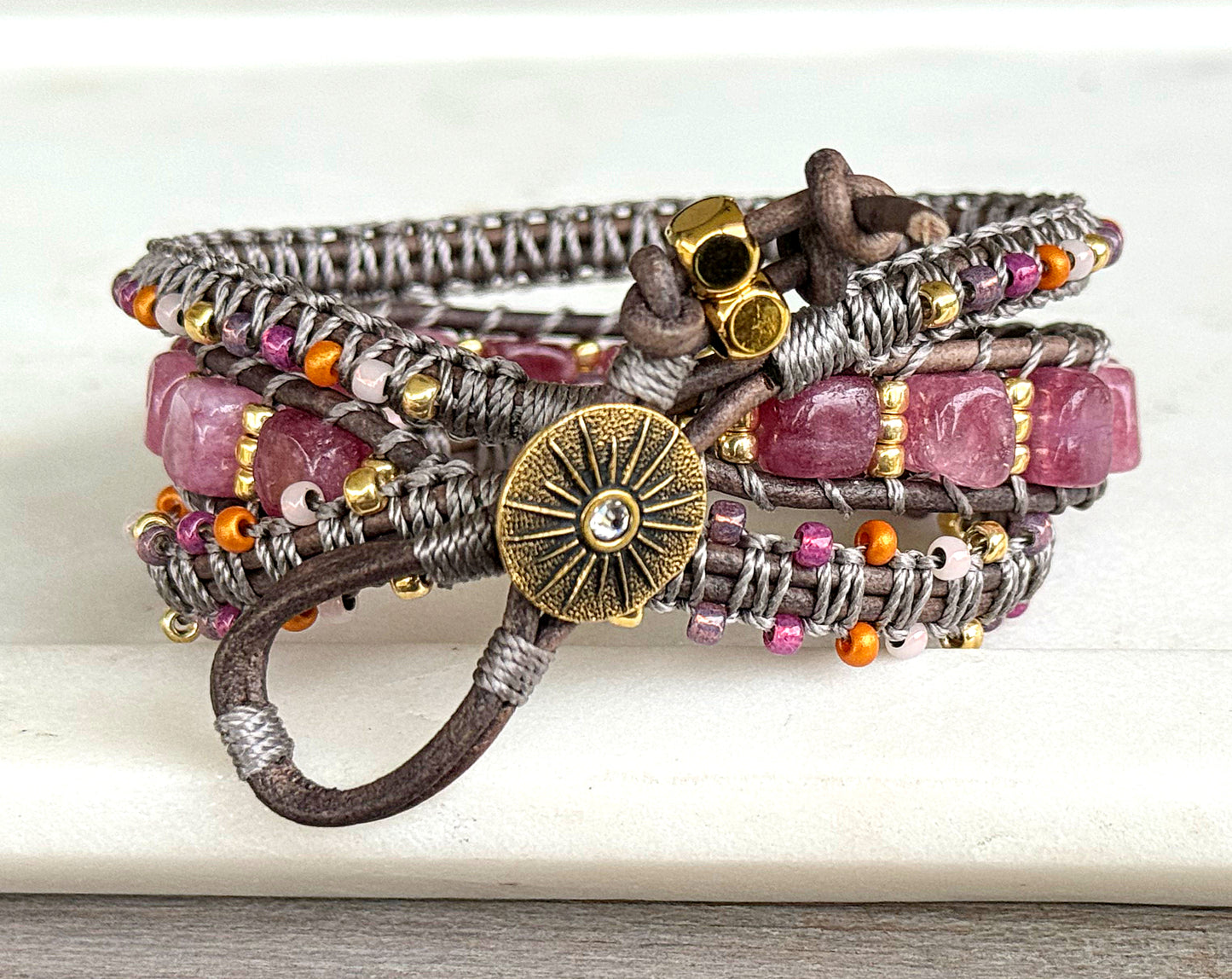 PInk Jade, purple, and gold macrame 3 wrap bracelet
