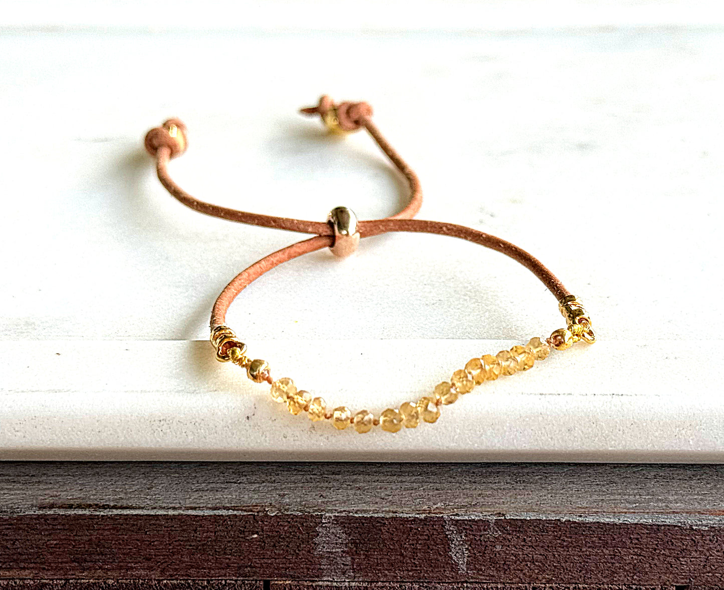 Simple Citrine gemstone adjustable leather stack bracelet