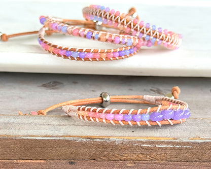 Rose Opal Sunset Beaded Macrame Adjustable Leather Bracelet Set