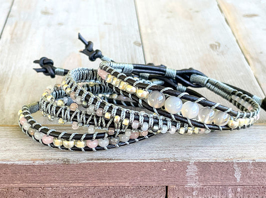 Neutral Gray, Beige and Silver Beaded Macrame Bracelet Set