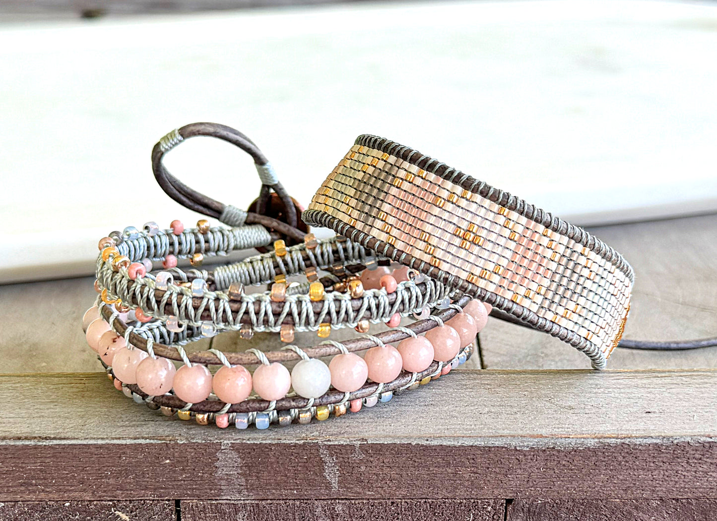 Blush Pink, and Gray Geometric Loom Woven Triangle beaded friendship bracelet