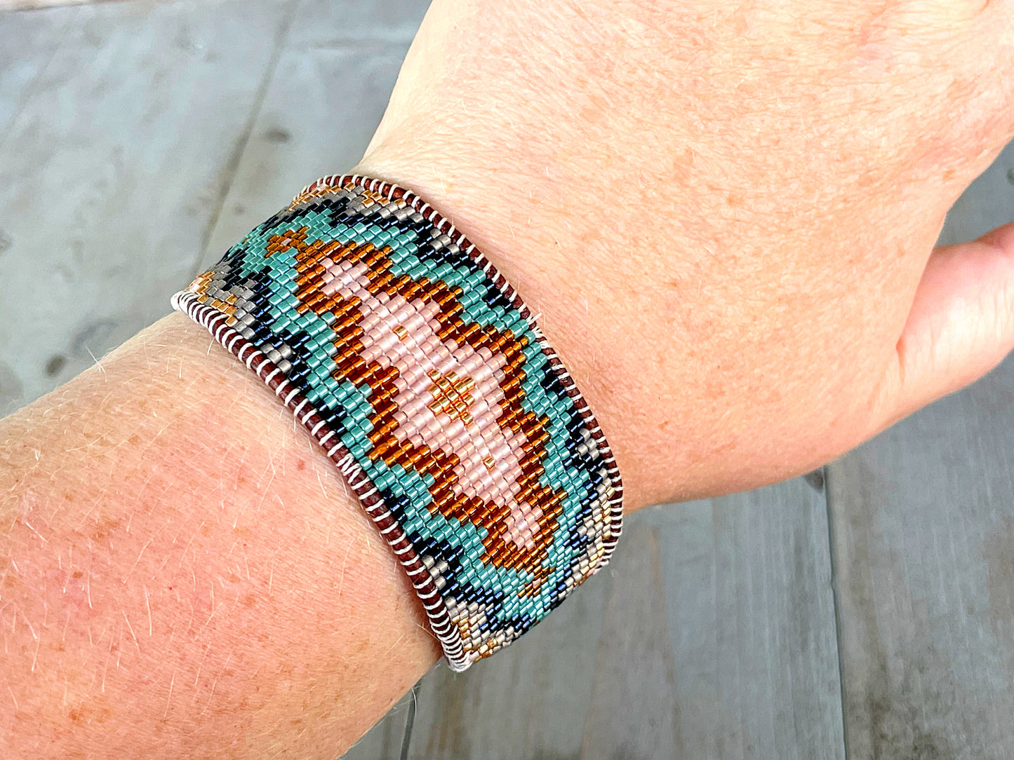 Copper Gray Navy and Blush Tribal Expanded Diamond beaded friendship bracelet