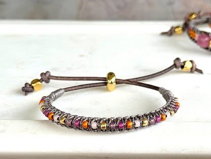 Peony Pink, Purple, and Gold Slide Adjustable Beaded Macrame Bracelet Set