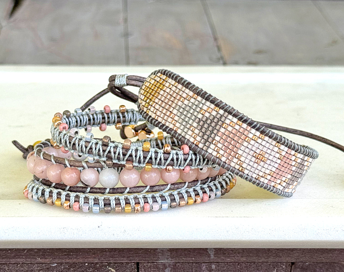 Blush Pink, and Gray Geometric Loom Woven Triangle beaded friendship bracelet