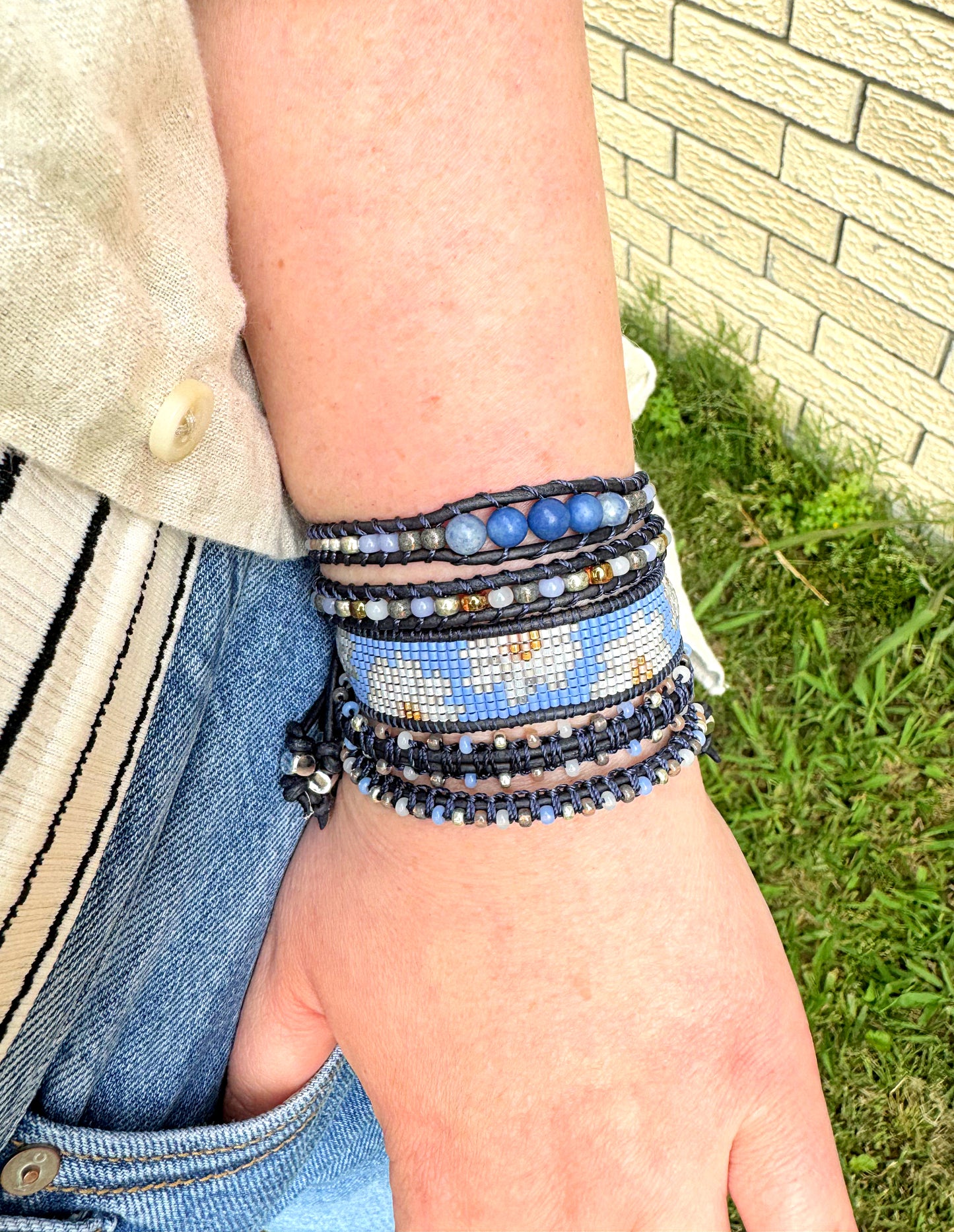 Blue Daisy Bead Loom Woven Bracelet