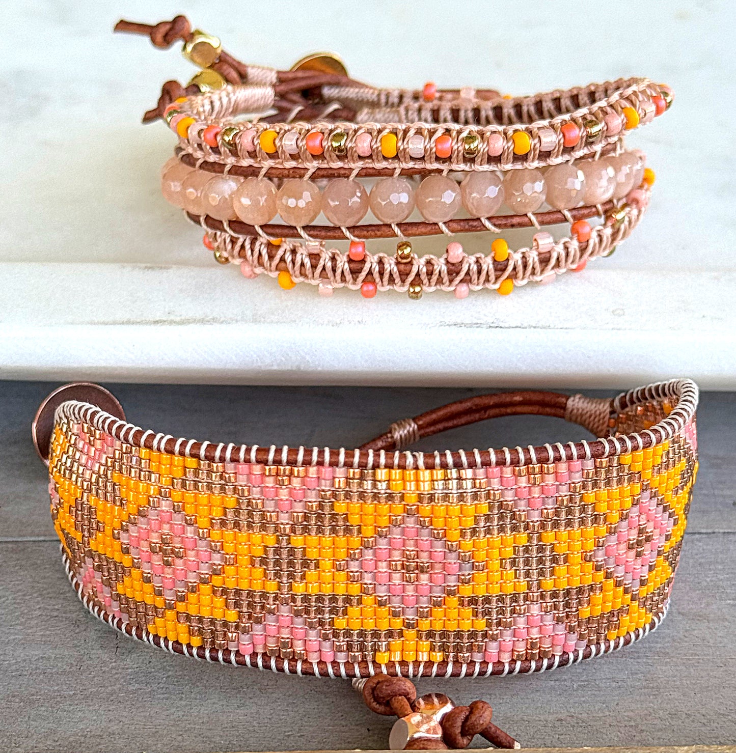 Sunshine, Peach, and Coral Sunstone and Beaded Macrame 3x Leather wrap bracelet