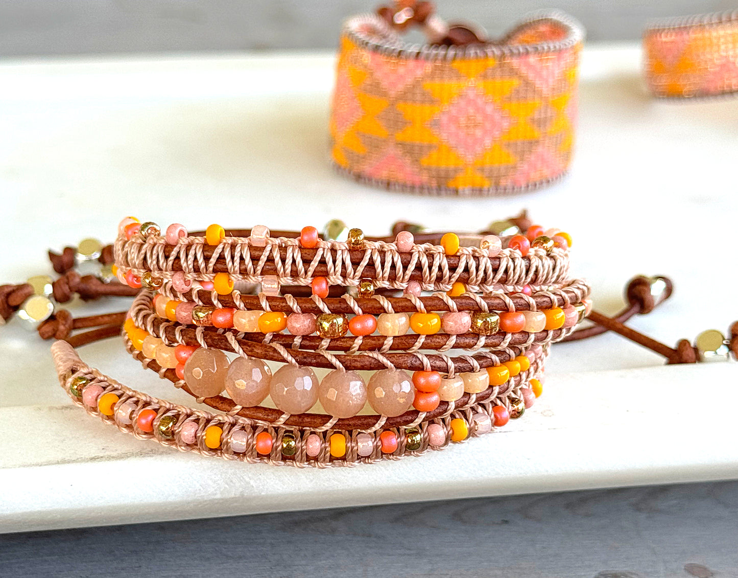 Sunshine, Peach Fuzz, and Coral Western Loom and Macrame Bracelet stack set