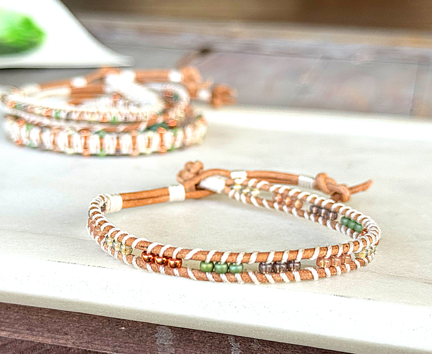 Jade and neutral Sage and Copper Beaded Macrame Bracelet Set