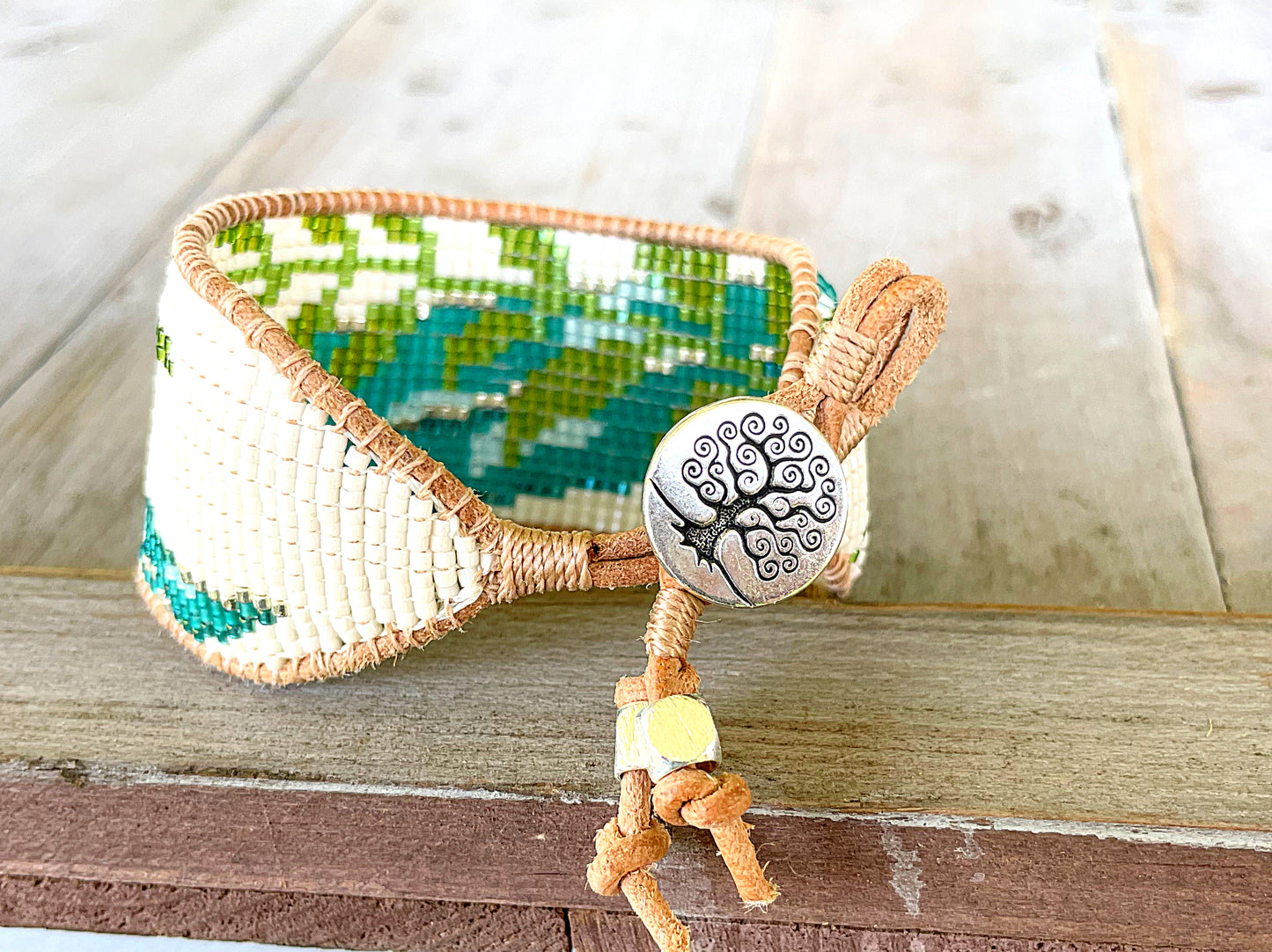 Fern and leaf Bead Loom Woven Cuff Bracelet