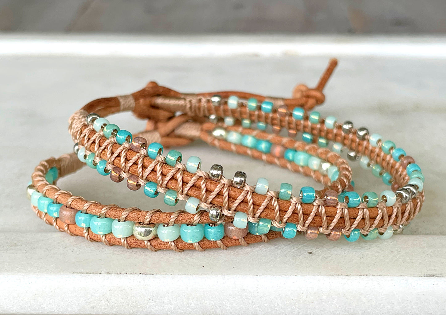 Seafoam and Aqua Jade Ombre Beaded Macrame Bracelet Set