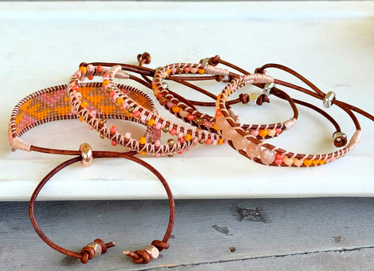 Sunstone, sunshine, peach fuzz, coral and glass bead Adjustable Leather Bracelet