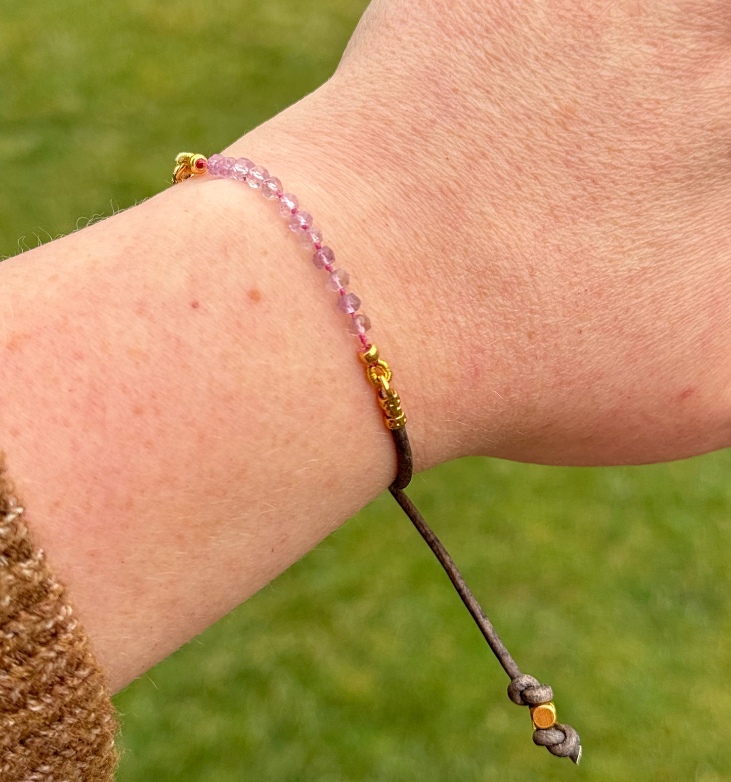 Pink Amethyst and slide adjustable chain or leather stack bracelet