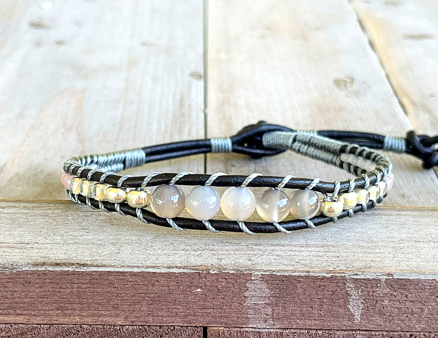 Neutral Gray, Beige and Silver Beaded Macrame Bracelet Set