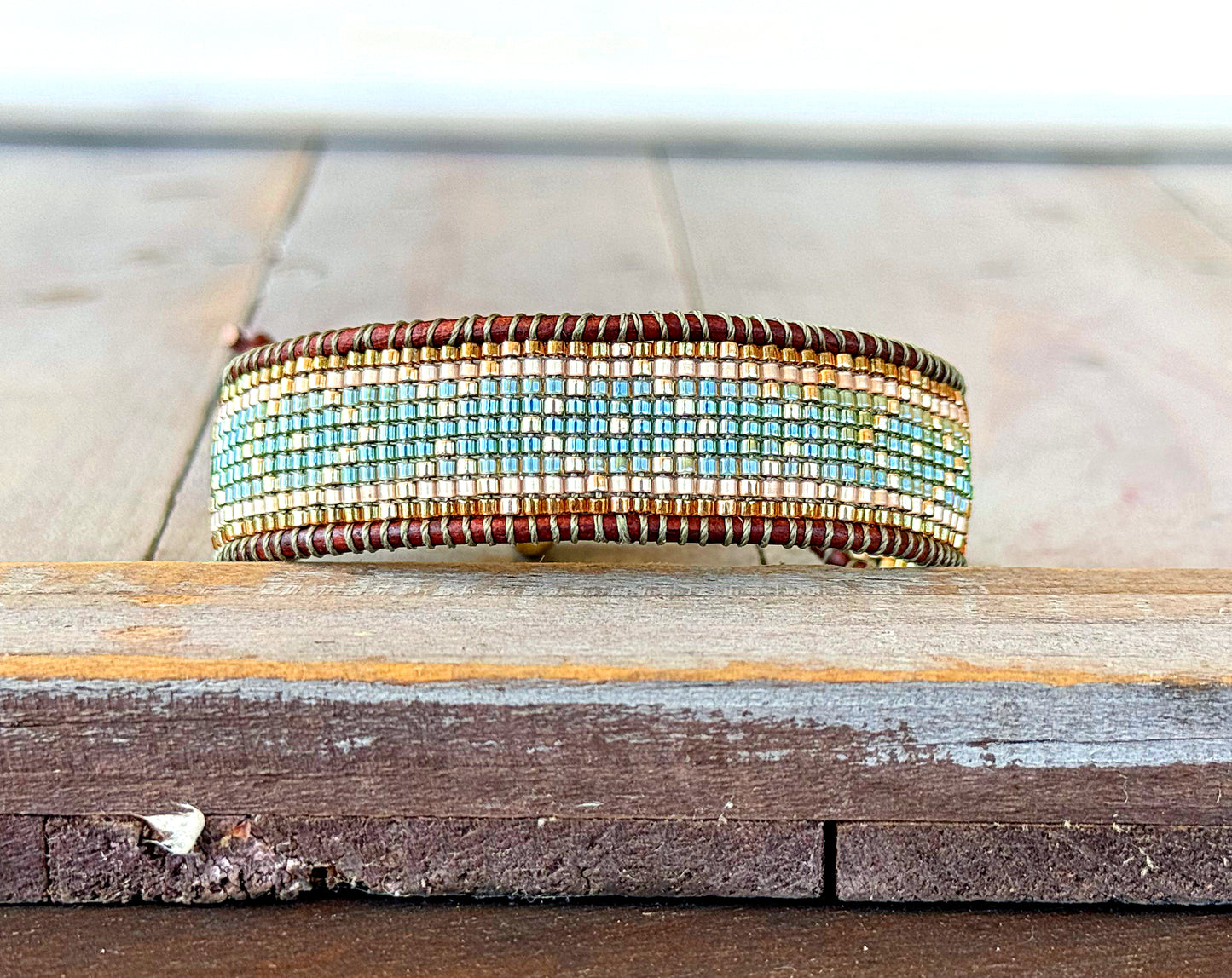 Gold, Green, and Tan Western bead loom woven adjustable leather bracelet