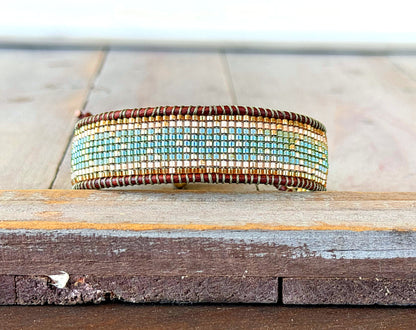 Gold, Green, and Tan Western bead loom woven adjustable leather bracelet