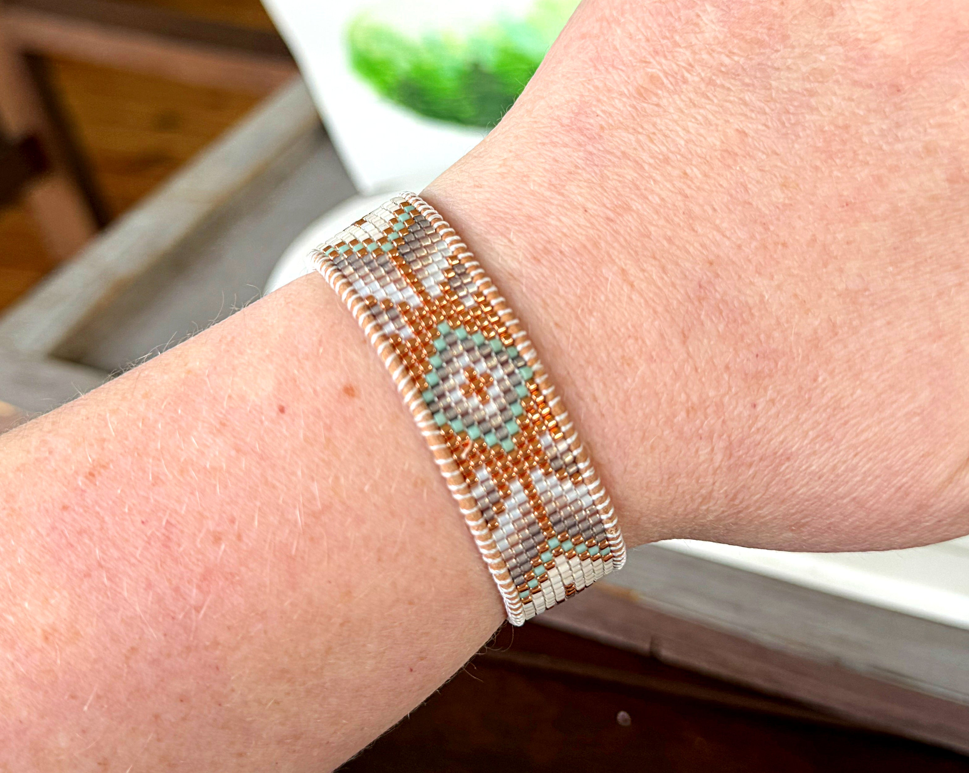 Sage, Neutral, and Copper Small Starburst Bead Loom Woven Bracelet