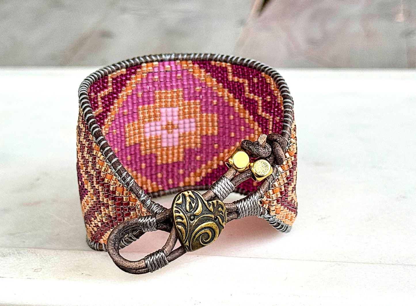 Pink Peony, Plum, and Gold Wide Western Bead Loom Cuff Bracelet