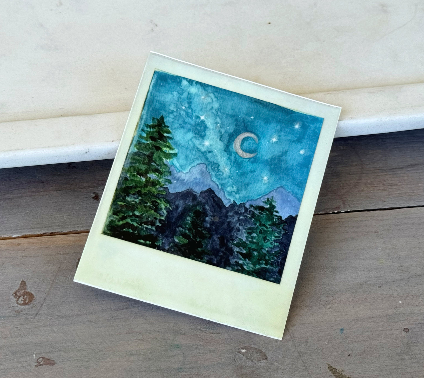 Night in the Mountains Polaroid style Watercolor Landscape waterproof vinyl decal