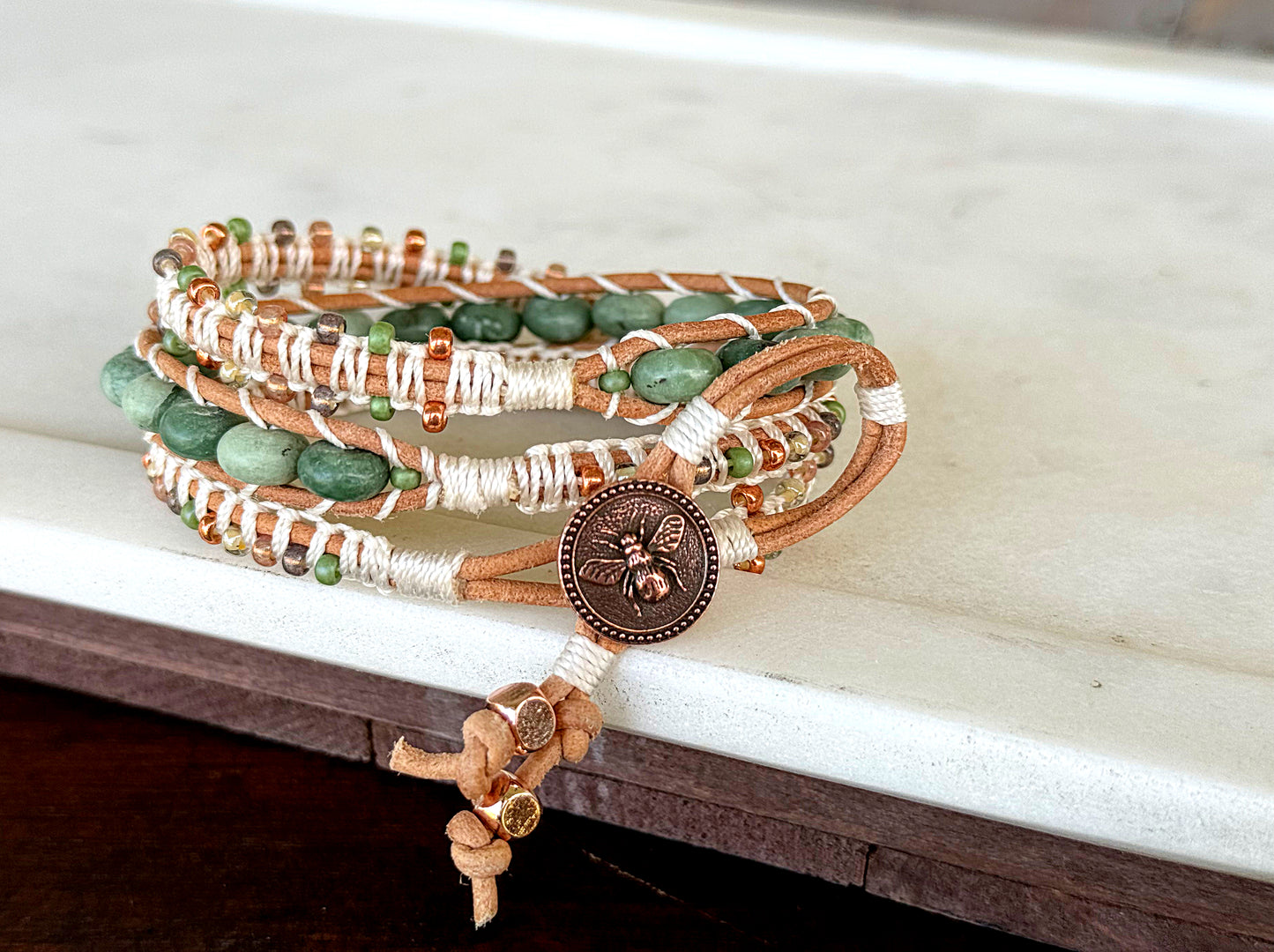 Natural Jade Sage green, neutral and copper macrame 3 wrap bracelet