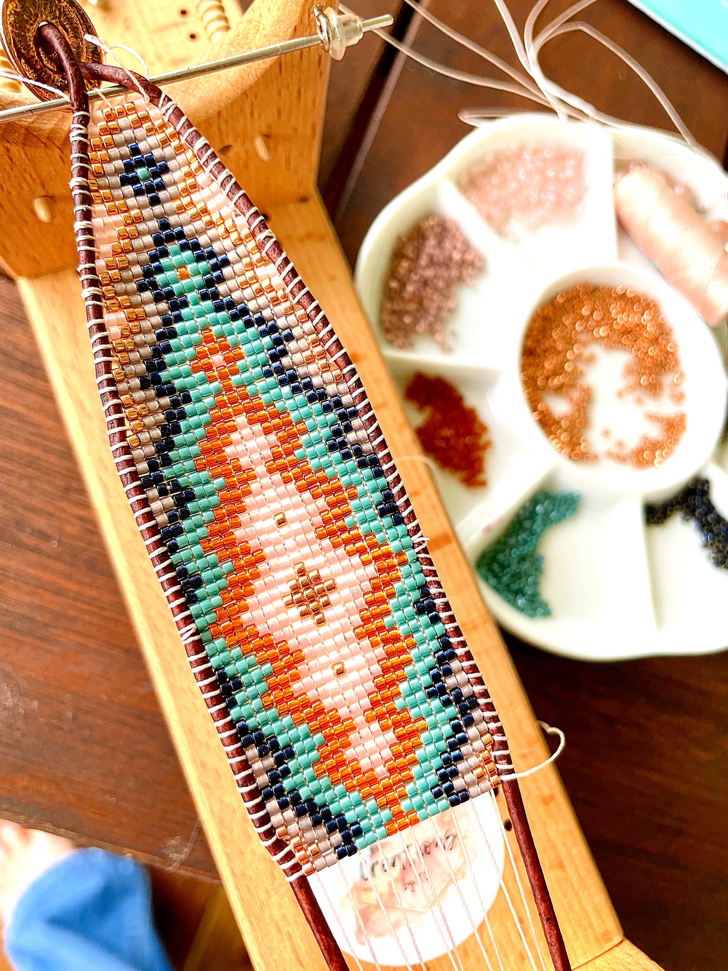 Copper Gray Navy and Blush Tribal Expanded Diamond beaded friendship bracelet