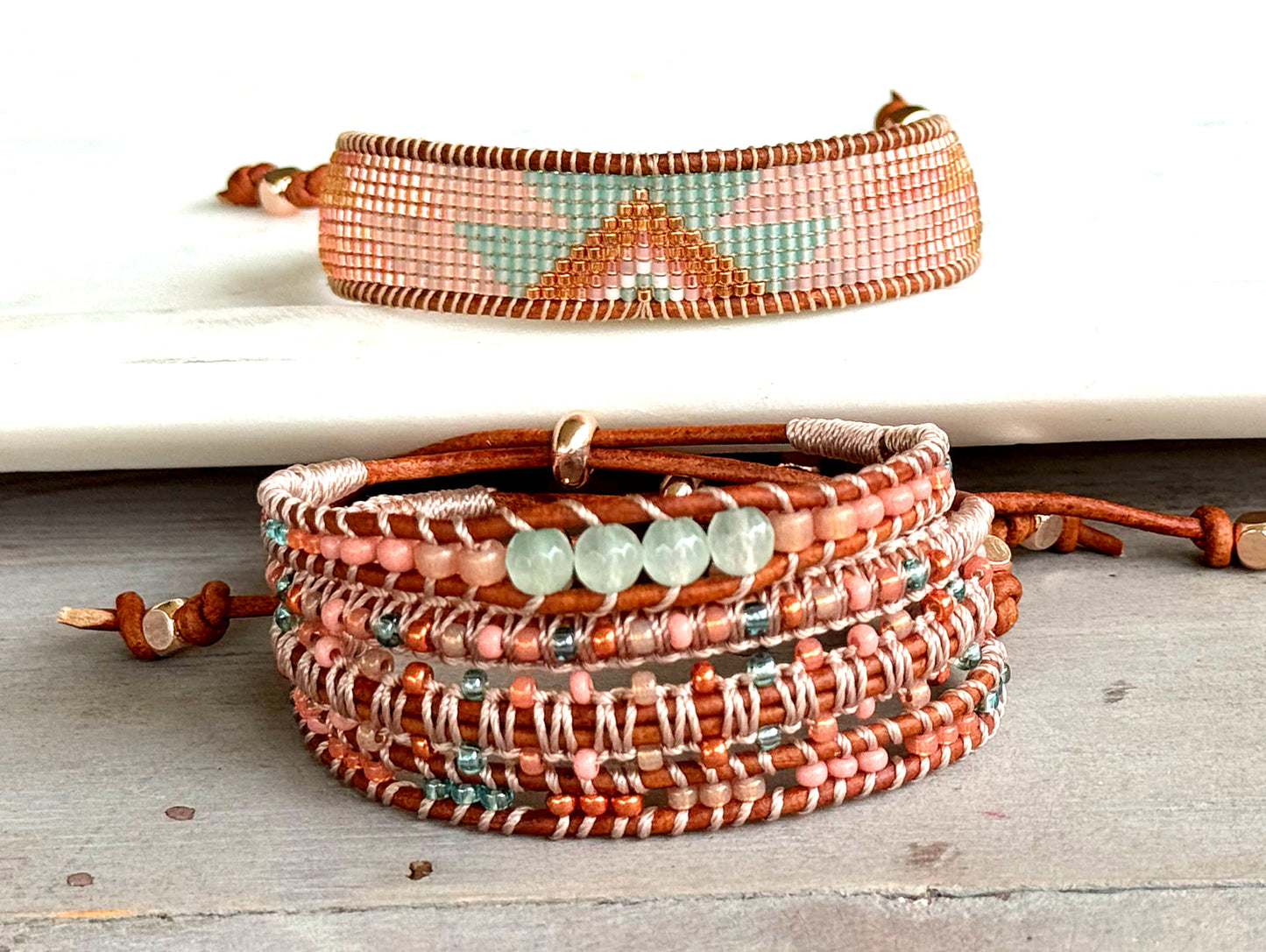 Sea Glass and Blush Rose Western Loom and Macrame Bracelet stack set