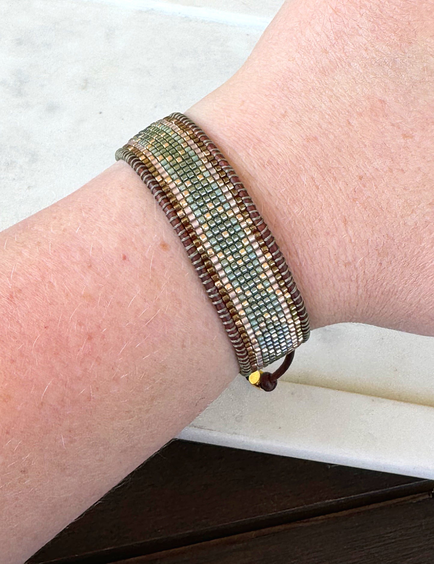 Gold, Green, and Tan Western bead loom woven adjustable leather bracelet